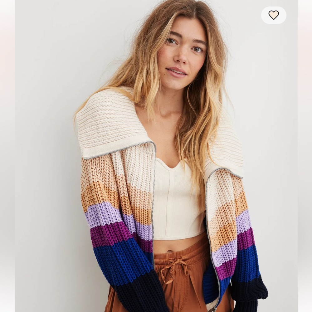 Aerie Colorful Striped Cardigan - Cream, Purple, Blue